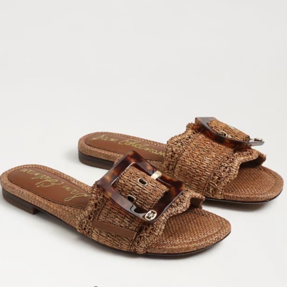 Sam Edelman Bambi Slide Sandals Womens 8 Cuoio Brown Excellent Raffia Buckle